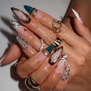 Luxury Teal Chrome Stiletto Press On Nails, Gold Frame French Tip Nails, Blue Rhinestone Glam Set, Zebra Accent Nail Art, Classy Handmade Long Nails