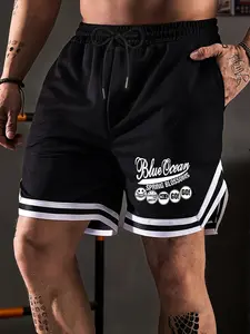 Men's "Blue Ocean" Spring Shorts - Smiley Face Print Black Basketball Shorts, Drawstring Waist Loose Fit, Breathable Summer Retro Streetwear