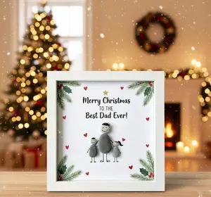 Personalized Christmas Gift for Dad from Kids | Father and Two Children Pebble Art Frame | "Best Dad Ever" Custom Stone Picture Keepsake