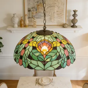 Tiffany Style Stained Glass Pendant Light Vintage Green Leaf Hanging Lamp 40cm Diameter 26cm Height for Living Room Dining Room Bedroom