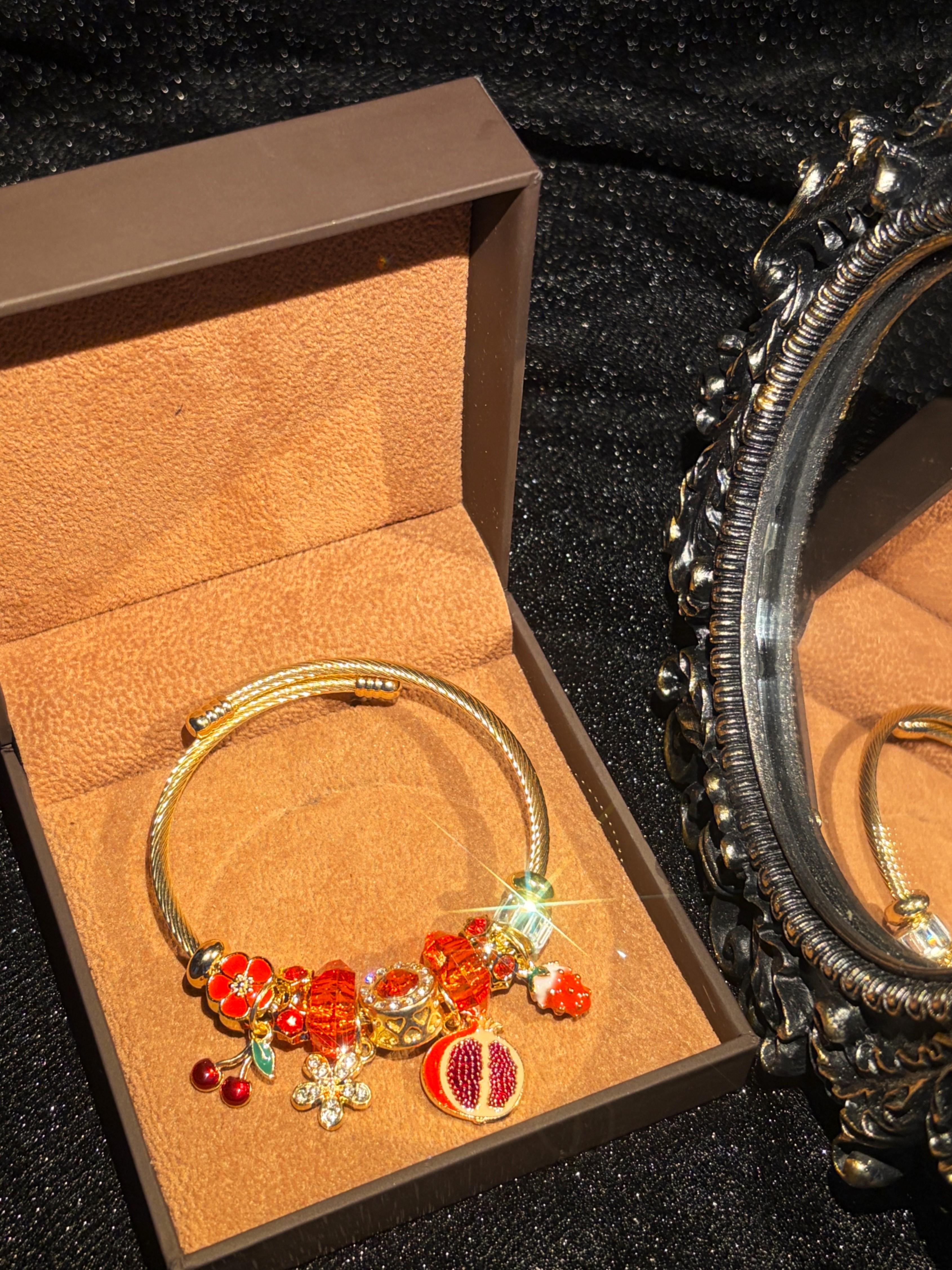 Women's Gold-Tone Wire Open Bangle Bracelet, Fruit-Themed Jewelry with Pomegranate, Strawberry, Cherry, Flower Enamel Charms, Elegant Stackable Gift Women's Gold-Tone Wire Open Bangle Bracelet, Fruit-Themed Jewelry with Pomegranate, Strawberry, Cherry, Flower Enamel Charms, Elegant Stackable Gift
