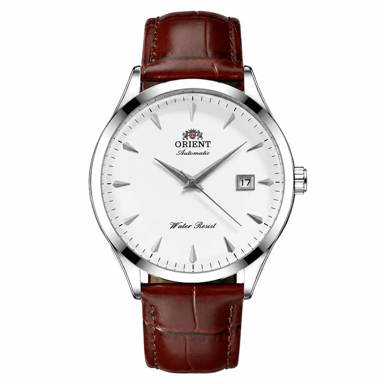 ORIENT Authentic Silver Tone Men's Classic Automatic Mechanical Watch,Minimalist White Dial,Date Window,Genuine Croc Embossed Brown Leather Strap,Water Resistant Business Dress Wristwatch,Elegant Formal Timepiece Reloj Automático de Negocios para Hombre
