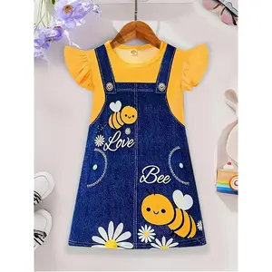Girls' Dress • Single Piece • Digital Print Little Bee • Flutter Sleeve • Casual Straight Skirt