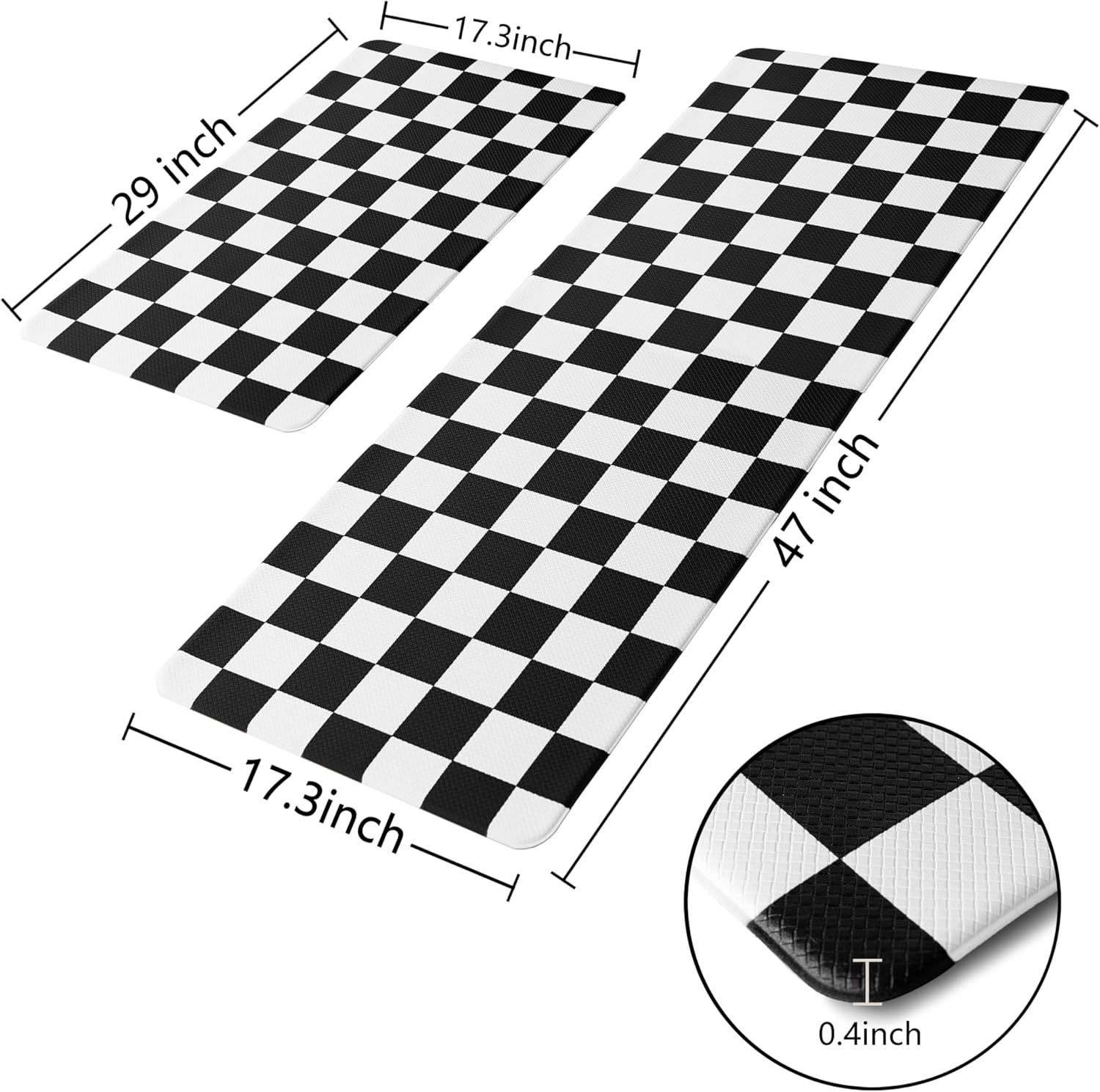 Black Checkered Grid Checkerboard Kitchen Rug Sets [2 PCs], Anti-Fatigue, Waterproof Non-Slip Kitchen Mats Heavy Duty Ergonomic Comfort Foam Rug for Floor, Home, Laundry,17"x29"+17"x47"