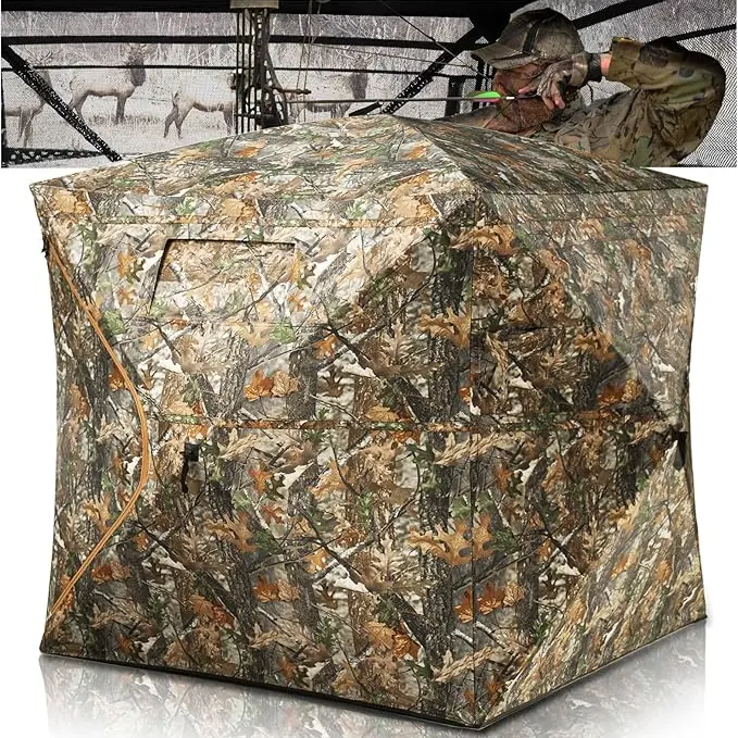 Polyester Hunting Blind, Realistic Camo Pattern Mimics Habitat, 3-4 Person Pop Up, 270° See Through with 3 Full Panels of See Through Mesh, 1-Way See-Through Mesh, Portable Durable Ground Blind with Strap & Carrying Bag for Deer Hunters