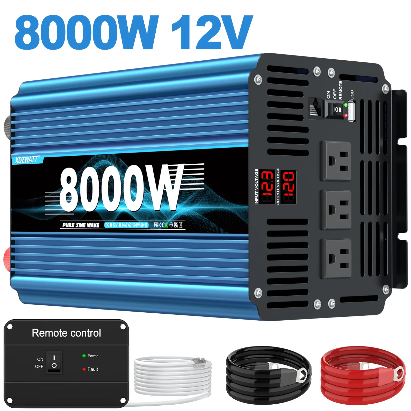 Inverter  12V 8000W Peak Power Pure Sine Wave Car Power Inverter For Vehicle Laptop RV Truck Boat, With LCD Display Remote Control 12V DC To 110V 120V AC, With 3 US Sockets