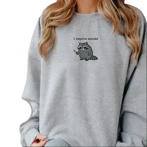 I Require Snacks Raccoon Sweatshirt Hoodie T-Shirt | Funny Embroidered Animal Quote Shirt | Gildan 5000 Tee, 18000 Crewneck, 18500 Hoodie | Cute Cozy Gift for Food Lovers & Raccoon Fans