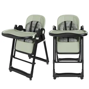 DOMISO Multi-functional Baby High Chair to Rocker with 5-Point Harness, Foldable Infant Feeding Chair with Silent Locking Wheels & Removable 2-Tier Easy-Clean Tray