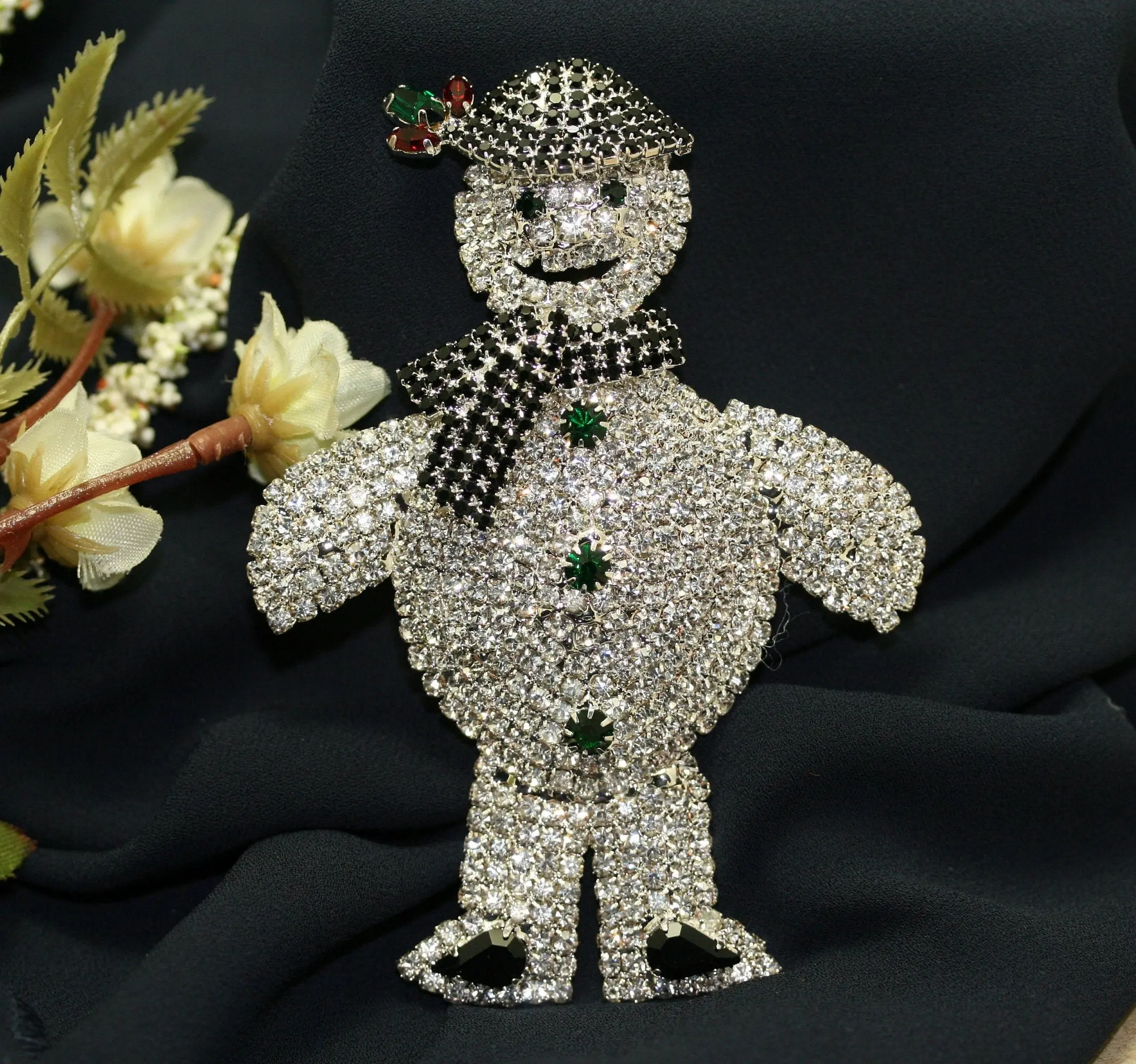 Vintage Rhinestone Snowman Brooch Pin, Large 3.75" Christmas Figure with Red Rhinestone Leaf, Unisex Holiday Fashion Accessory, Christmas Gift Ideas, Black Rhinestone
