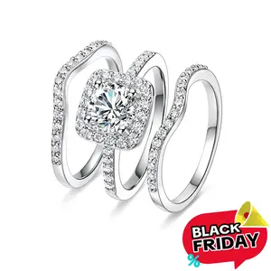 GEMSME 1.5 CT Round Cut Classic Three-in-One 3 Pieces Set Halo Wedding Engagement Promise Eternity Opal Ring for Women Mother Day Birthday Christmas Gift R-0969