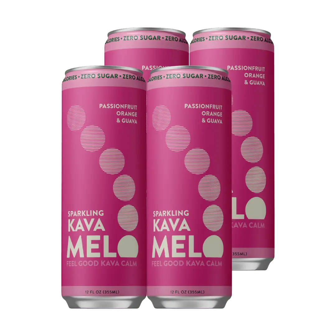 Melo 4-Pack Sparkling Kava Beverage - Passionfruit, Orange & Guava Flavors - Sugar-Free, Non-Alcoholic, 0-Calorie, Gluten-Free, Vegan Mocktail - 1000mg Kava Root Extract Blend per 12 oz Can - 100% Natural Drink