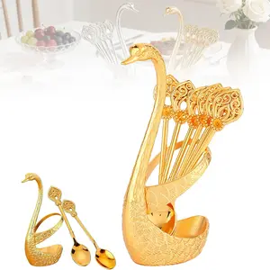 Creative Swan-Themed Coffee Stirring Spoon Set — Features a Gold Swan-Shaped Decorative Stand and 6 Spoons. A Stylish Gold Coffee Spoon Holder, Ideal for Serving with Fruits, Desserts, Ice Cream, and Cakes (Gold — 1 Set)
