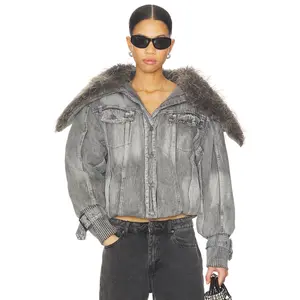 Jaded London Alloy Denim Bomber Jacket With Faux Fur Collar in Grey