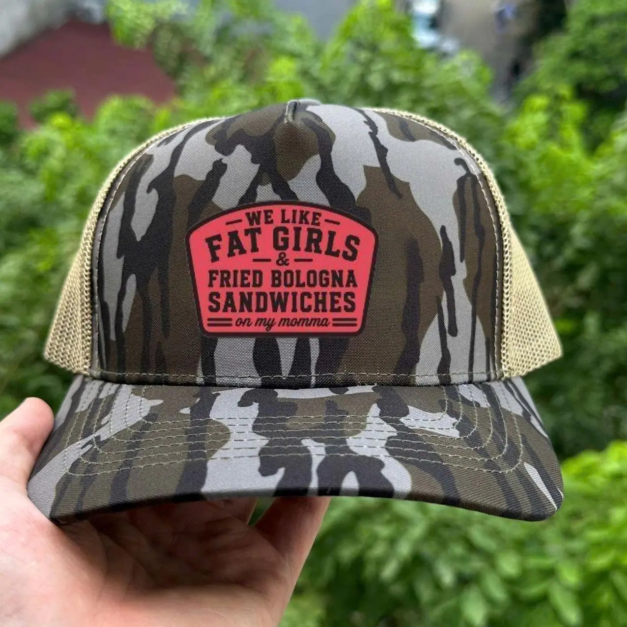 We Like Fat Girls & Fried Bologna Sandwiches Trucker Hat, Funny Camo Mesh Snapback Cap, Adjustable Unisex Southern Country Gift Daily Wear