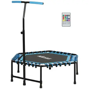Web Based Rebounder Trampoline For Adults, Quiet Bungee Rebounder With LED Lights And Adjustable Handle, Blue