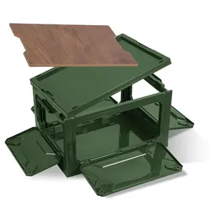 Folding Storage Bin Camping Collapsible Organizer Box Stackable Grocery Container Shelf Baskets with Cutting Board Top Lid 4 Side Lockable Doors Wheel