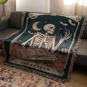 Skeleton Reader Pattern Bohemian Yarn Jacquard Woven Blanket with Tassel, Thick Soft Washable Blanket, Used for Home Decor Sofa Chair Bed Tapestry Tablecloth Floor Garden Picnic Outdoor Camping