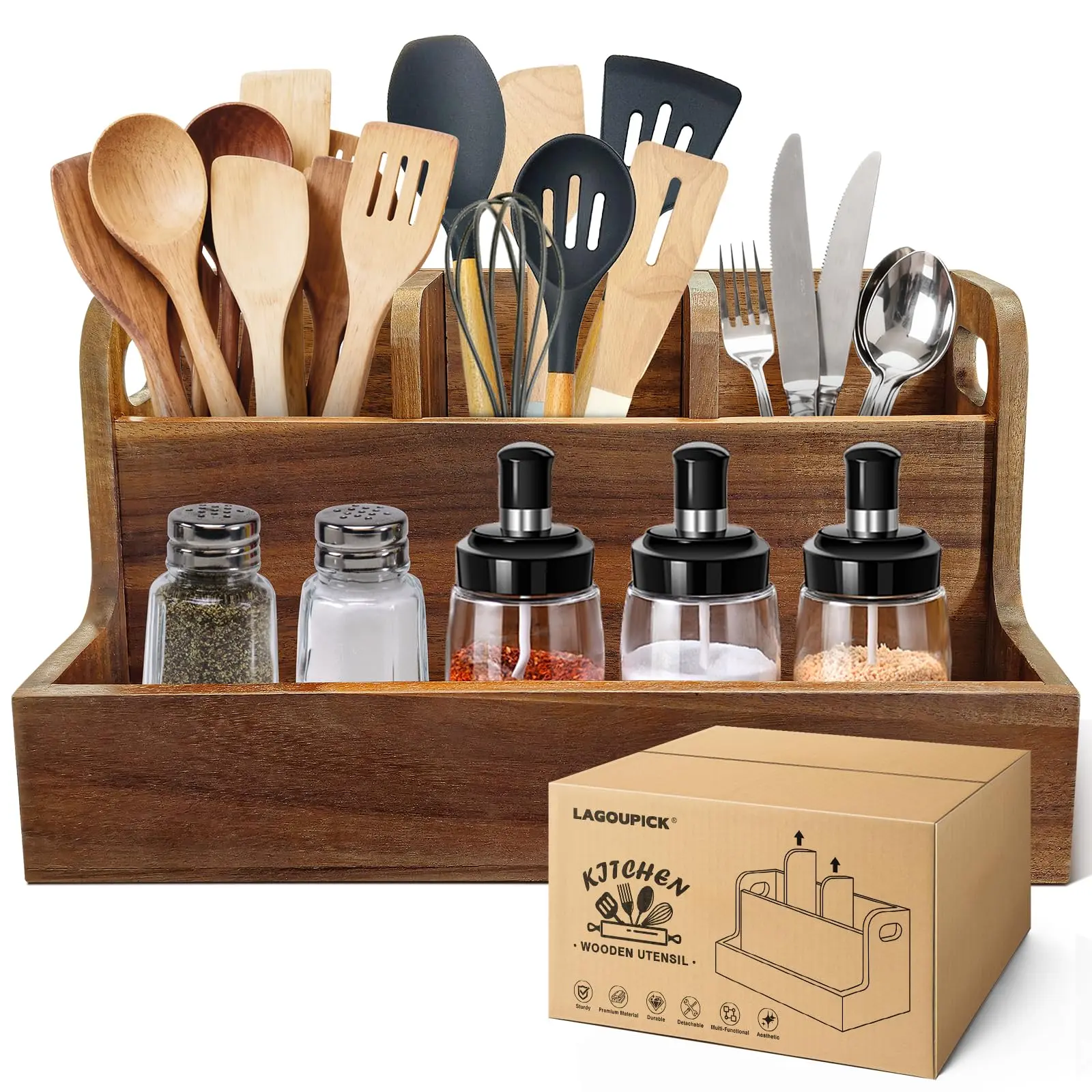 Ktchen Utensil Holder for Countertop with 4 Compartments, Acacia Large Utensil Holder Wooden Storage for Cooking, Baking, Flatware Tool and Kitchen Utensil Organizer
