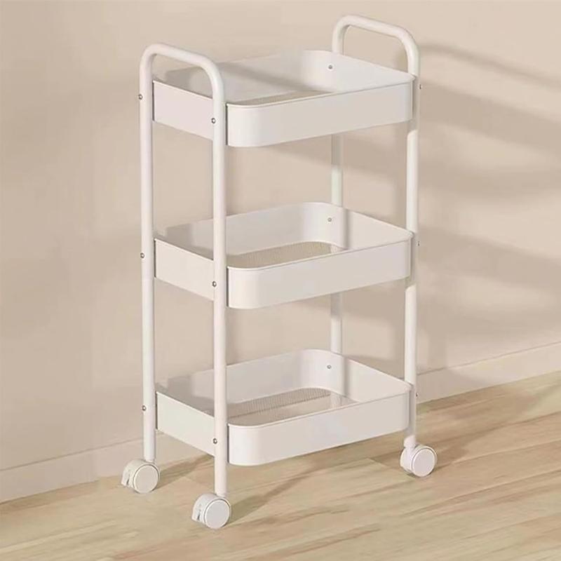 3-Tier Rolling Metal Utility Cart with 6 Hooks and Handle, Storage Cart on Wheels for Classroom, Office, Dorm, and Home – White/Pink
