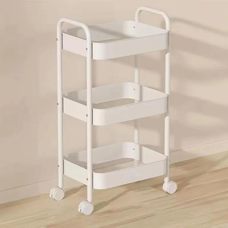 3-Tier Rolling Metal Utility Cart with 6 Hooks and Handle, Storage Cart on Wheels for Classroom, Office, Dorm, and Home – White/Pink