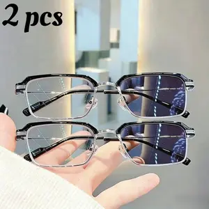 2pcs Women's Automatic Adjustment Color-changing Glasses - Anti-blue Light///reading/computer Screen, Metal Frame Square Glasses with PC Lenses, Light and Durable Smart Glasses Are Suitable for Smartphones, Tablets, TVs (no Mode)