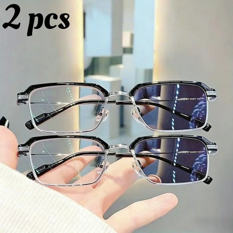 2pcs Women's Automatic Adjustment Color-changing Glasses - Anti-blue Light///reading/computer Screen, Metal Frame Square Glasses with PC Lenses, Light and Durable Smart Glasses Are Suitable for Smartphones, Tablets, TVs (no Mode)