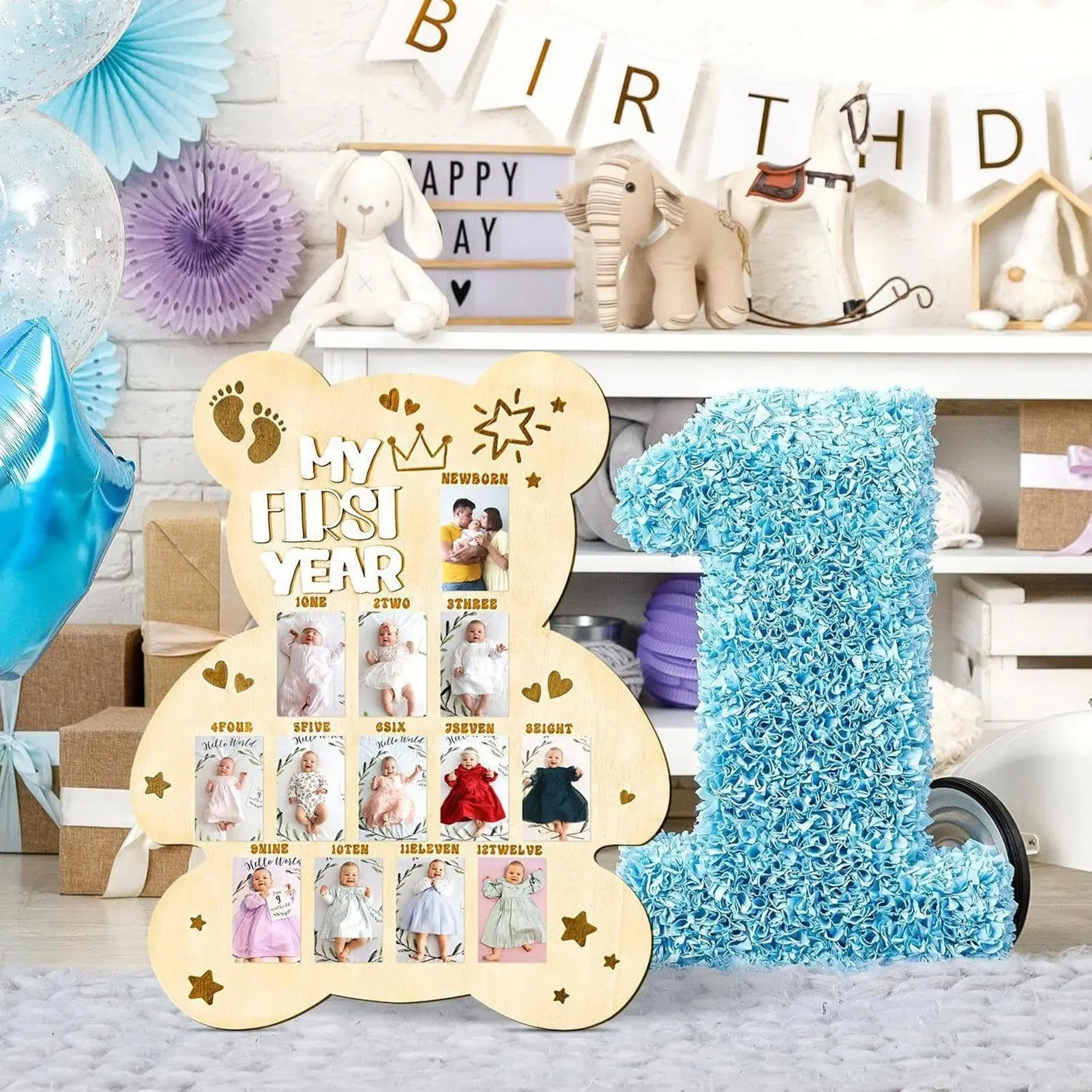 Baby First Year Milestone Board, Bear Shape Wooden Monthly Photo Frame, Newborn to 12 Months Picture Display, Nursery Wall Decor, Decorative Sign, Wooden Decor Plaque, Baby Shower Gift, Baby Keepsake, 1st Birthday Gift, Baby Growth Track, Wooden Home Sign