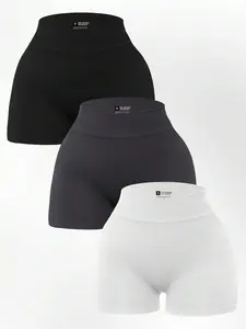 Women's 3 PCS Solid Color High-Waisted Workout Shorts for Gym Yoga Cycling & Everyday Fitness Breathable Stretchy Fabric
