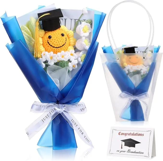 Graduation  Crochet Flowers Bouquet with Greeting Card Blue Wrapping with Sunflower,,Handmade ,best Gift