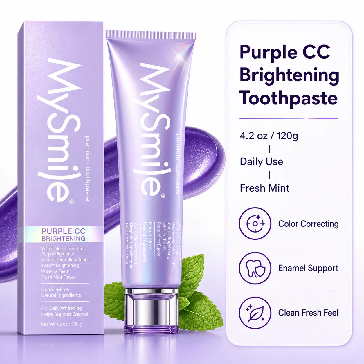 MySmile Purple Teeth Whitening Brightening Toothpaste - Peroxide-Free Mint Flavored Anti-Yellowing Dental Protection, Fluoride-Free Hydroxyapatite Breath Freshener with Xanthan Gum, Sodium Bicarbonate for Daily Oral Care