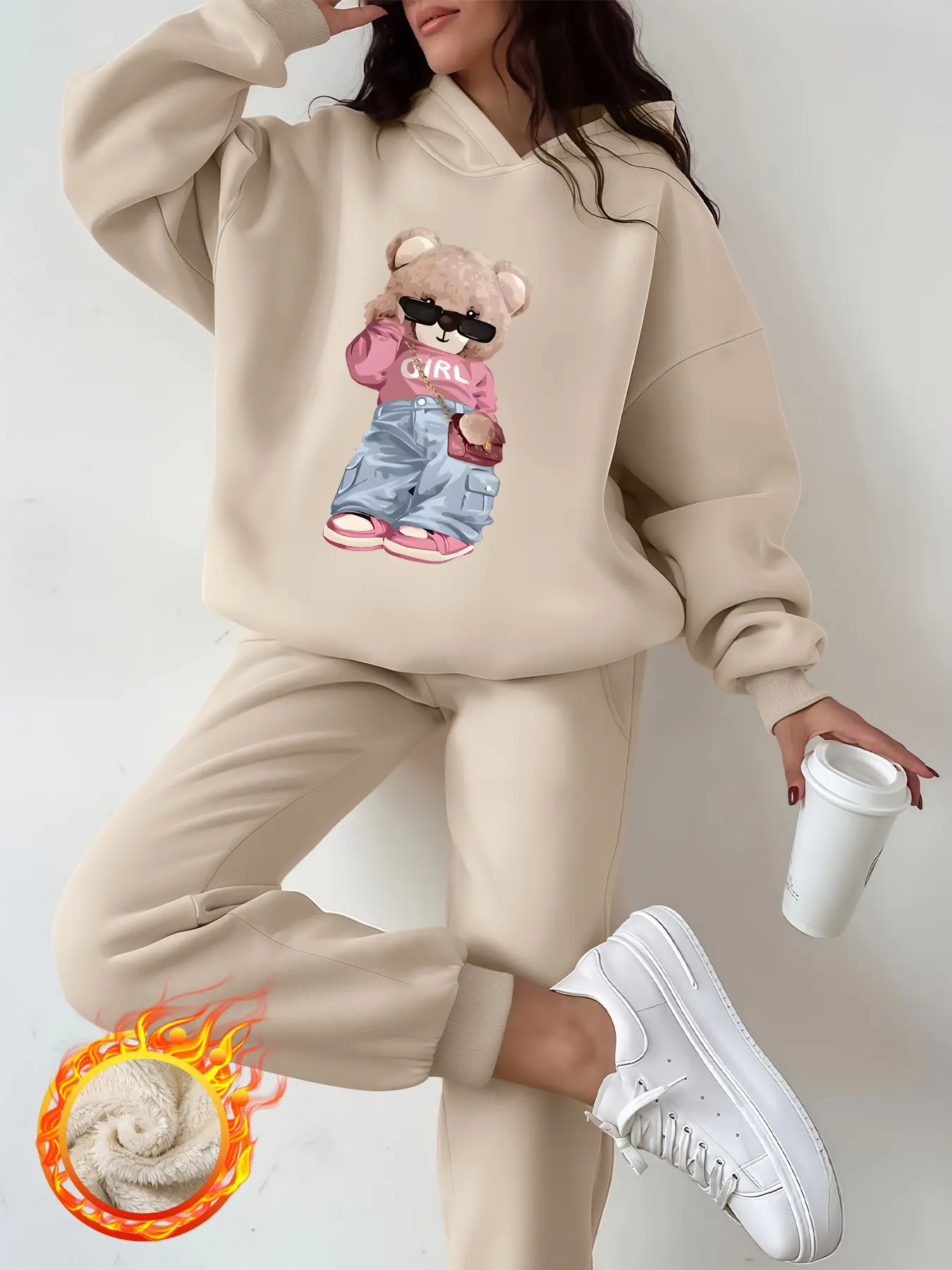 Women's  Thermal Lined   Solid Color Hoodie & Drawstring Waist Pants Two-piece Set, Casual Long Sleeve Hooded Sweatshirt & Pocket Trousers for Fall & Winter, Women's Clothes for Daily Wear