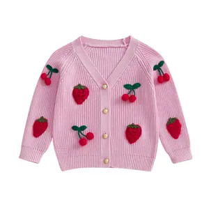 Infant Toddler Girls Knit Button Up Sweaters Cherry Strawberry Embroidery Long Sleeve Button Down Cardigan Knitwear Jacket Coat Knitwear Fall Winter Clothes