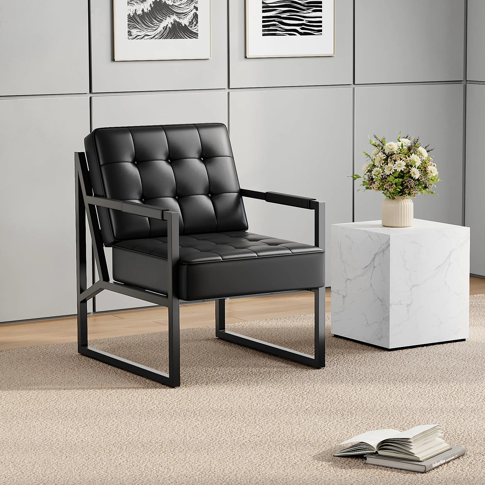 Garvee Mid Century Modern Faux Leather Accent Chair - PU Leather Upholstered Cozy Chairs with Cushions, Thick Cushion, Metal Frame for Living Room, Bedroom, Faux Leather Chair