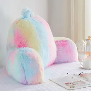 Reading Pillow for Bed Faux Fur Backrest Pillow with Arms Rainbow Colors Fluffy Sit Up Study Pillow for Kid Tween Teens & Adult Girls