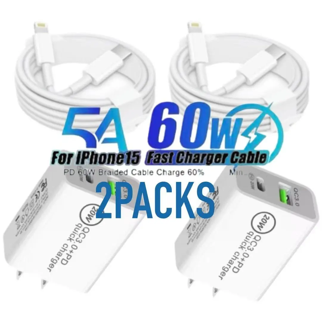 [2pcs] Ultra Fast for Iphone Charger 20W PD And QC3.0 Dual Port, Includes Braided USB C to Lightning Cable for Iphone 14-8, Ipad Pro/Air/Mini