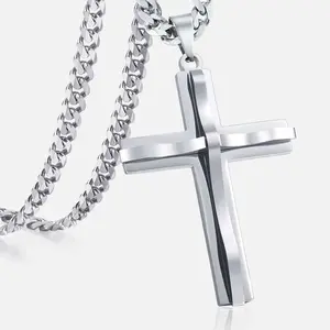 Hermah Cross Pendant Necklace For Men Women Stainless Steel Silver Gold Color 5mm Cuban Chain 18-30inch