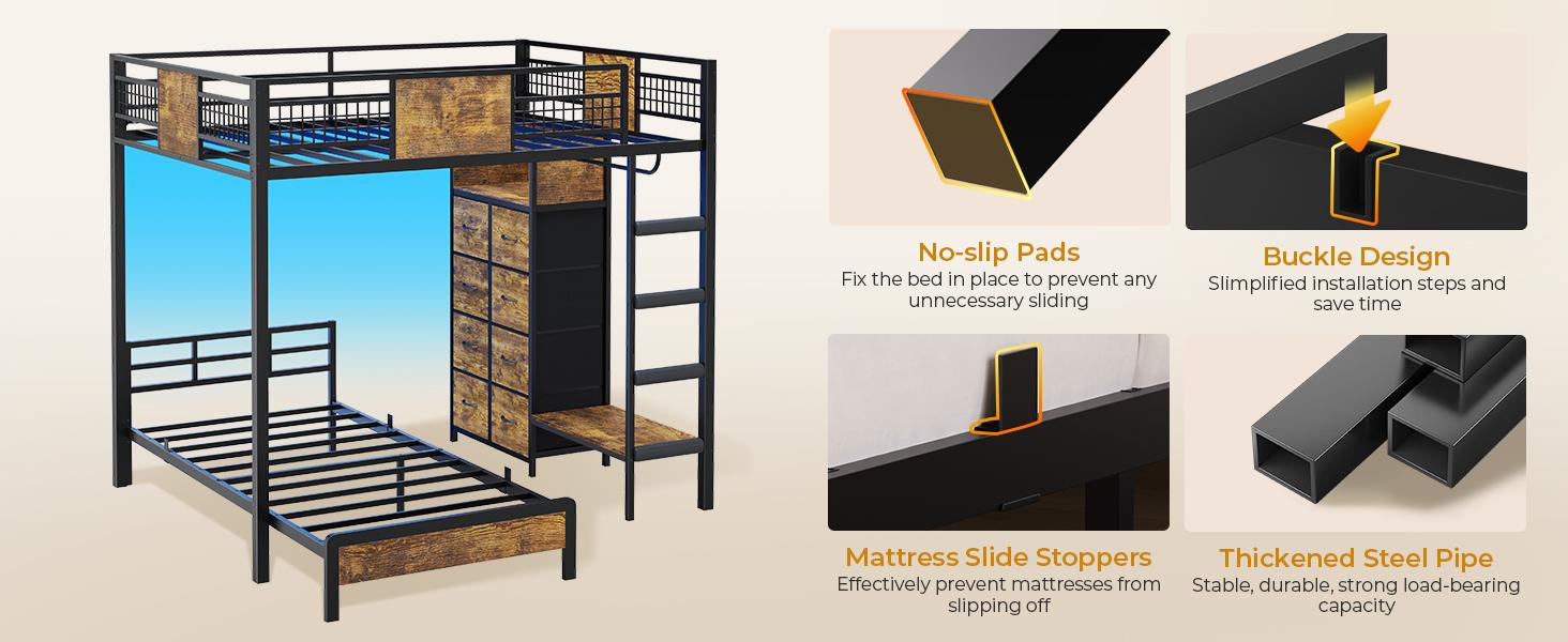 Sikaic Full Over Twin Bunk Bed with 8 Storage Drawers, Metal Bunk Bed with LED Lights & Storage Shelves, Loft Bed with Ladder & 13.4" Safety Guardrail for Kids & Teens summervibes Sikaic Full Over Twin Bunk Bed with 8 Storage Drawers, Metal Bunk Bed with LED Lights & Storage Shelves, Loft Bed with Ladder & 13.4" Safety Guardrail for Kids & Teens summervibes