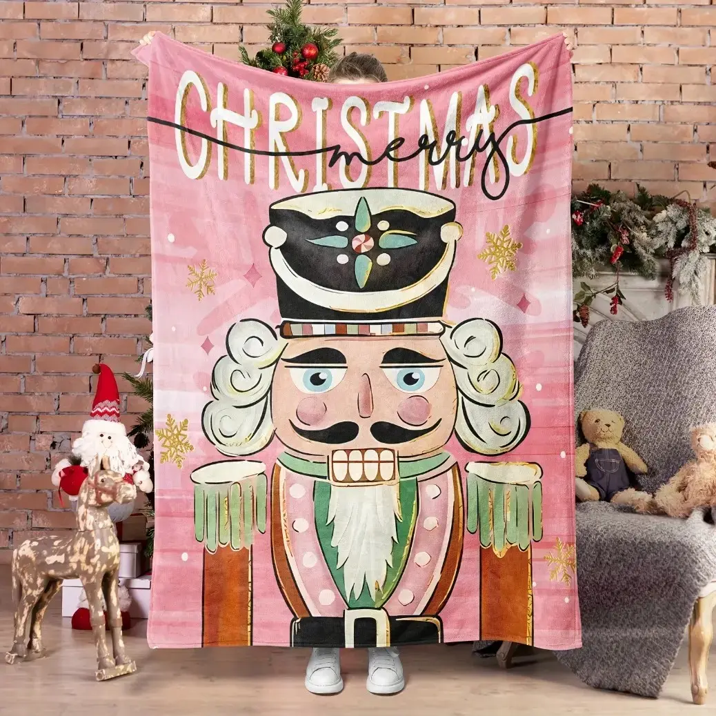 Pink Flannel Christmas Blanket - 2D Printed Flat Map, Nutcracker, Snowflake Patterns, Soft Warm Winter Throw, Ideal for Sofa Decor & Gifting,
