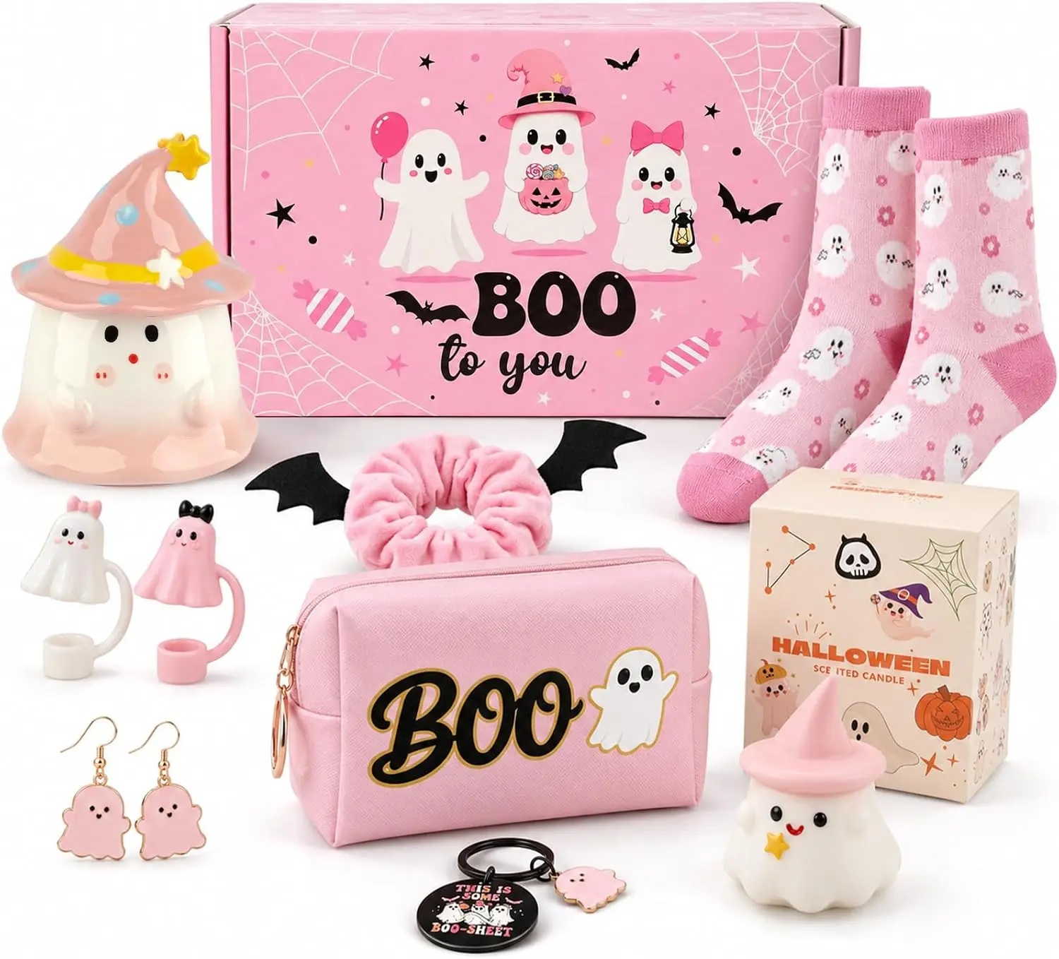 Halloween Fall Gift Pink Halloween Boo Basket for Women, Halloween Gift Set with 14oz Ghost Cup, Makeup Bag, Hair Tie, Ghost Earrings, Keychain, Aromatherapy Candle, Straw Topper & Socks