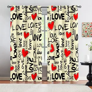 Love Letter Pattern 3D Digital Print Curtains, Semi-Transparent Polyester Fabric with Eyelets, Warm Eyelet Curtains for Living Room Bedroom Balcony Study