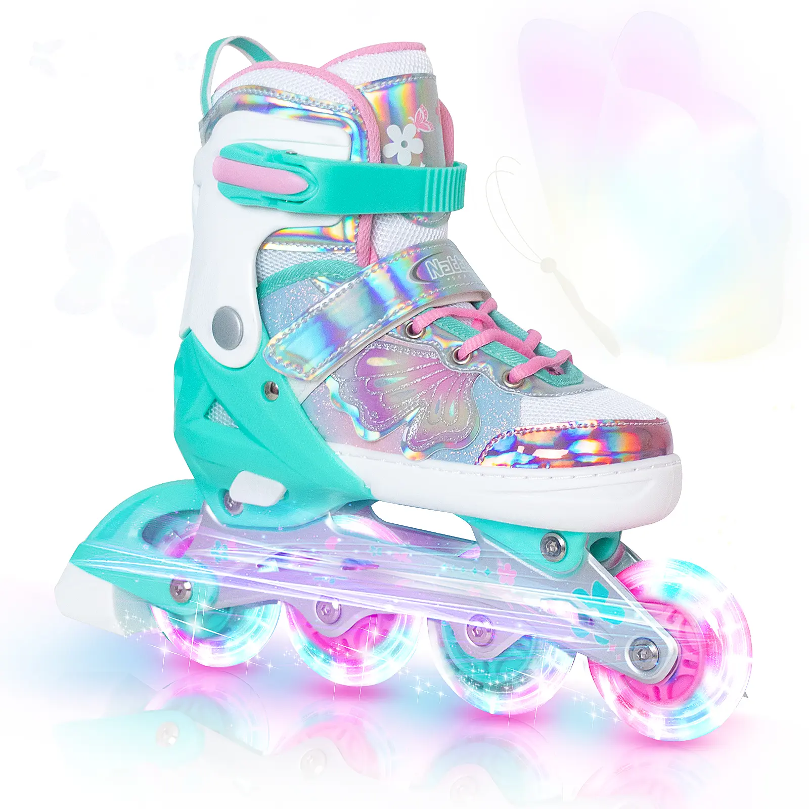 Nattork Adjustable 4-Wheel Design Inline Skates for Kids - Teal Fairy Wing Fantasy Roller Skates, Four Wheel Design