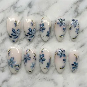 Handmade Blue Floral Press On Nails/Elegant Flower Nail Art/Gold Outline Nails/Soft Luxury Nails/Almond Shape Nails/Bridal Spring Nails Set Nail Art Kit Nail Box fathersdaygiftideas