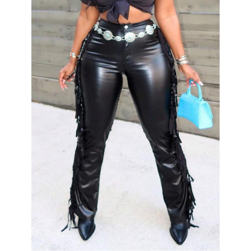 Y2K Nightclub Music Festival Black Knitted Coated Leather Side Fringe Decor Pants, Women Long Pants Fabric Fit