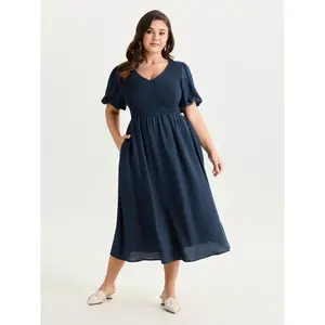BLOOMCHIC Plus Size Plain Shirred Bodice Midi Dress [M-6X]2026 Summer Vibes Swimweek