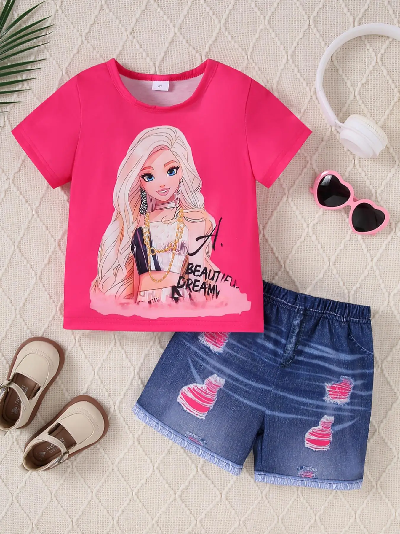 Two-piece Set Girl's Cartoon Girl Print Tee & Denim-effect Print Shorts Set without Shoes, Casual Round Neck Short Sleeve T-shirt & Denim-effect Print