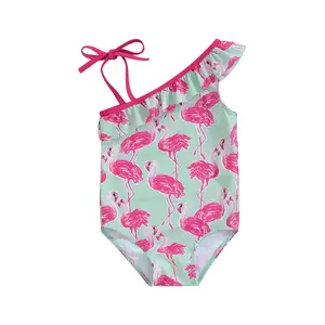 Cpzvucak Kids Toddler Baby Girl One-Shoulder  Swimsuit Swimwear Flamingo Print Ruffled Bathing Suit Beachwear