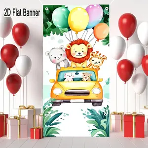 2D flat banner, 1pcCute Cartoon Yellow Car with Animals & Balloons Backdrop, Playful Pastel Landscape Party Decor for Kids' Eventsgalentines party decor, valentine day decor, decorations for valentines day