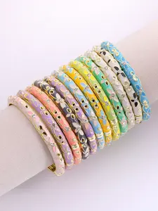 Bohemian Floral Enamel Bangle Bracelets, Crystal Embellished Gold Tone Wrist Jewelry, Ideal for Everyday & Special Occasions