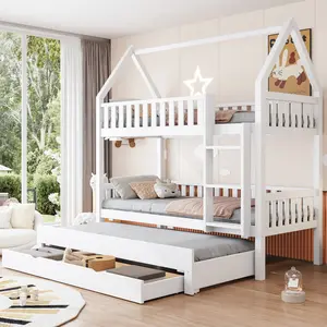 Twin over Twin House Bunk Bed with Fence,Trundle and Three Storage Drawers, Wooden Bunk Bed Frame, for Kids Teens, White