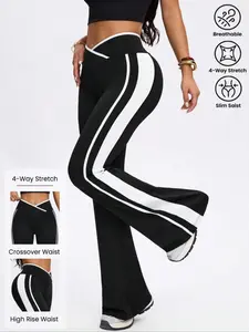 Women's Colorblock Yoga Flare Pants, Gym Sportswear Bottoms, Knitted Fleece Casual Long Pants for Fall Winter, Ladies Fashion Clothing